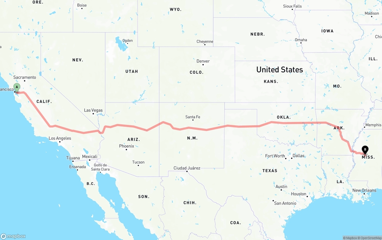 Shipping route from Oakland International Airport to Mississippi