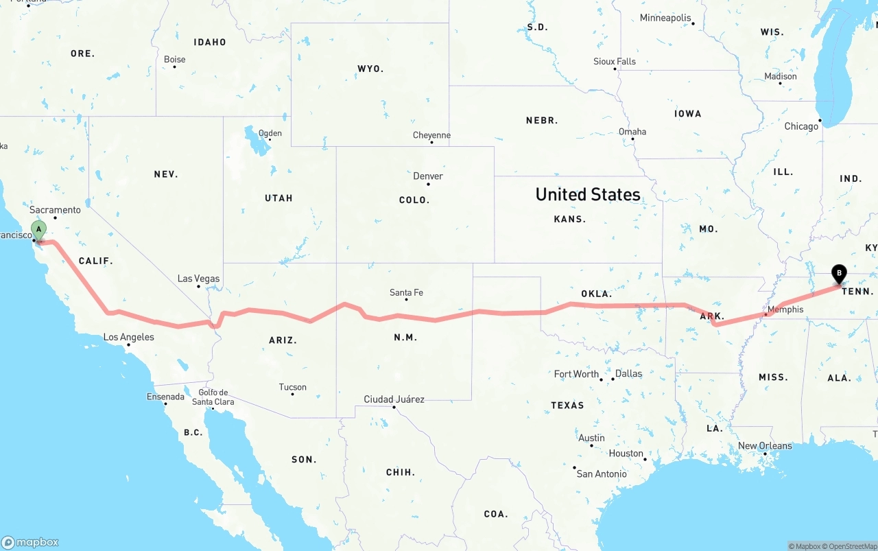 Shipping route from Oakland International Airport to Nashville