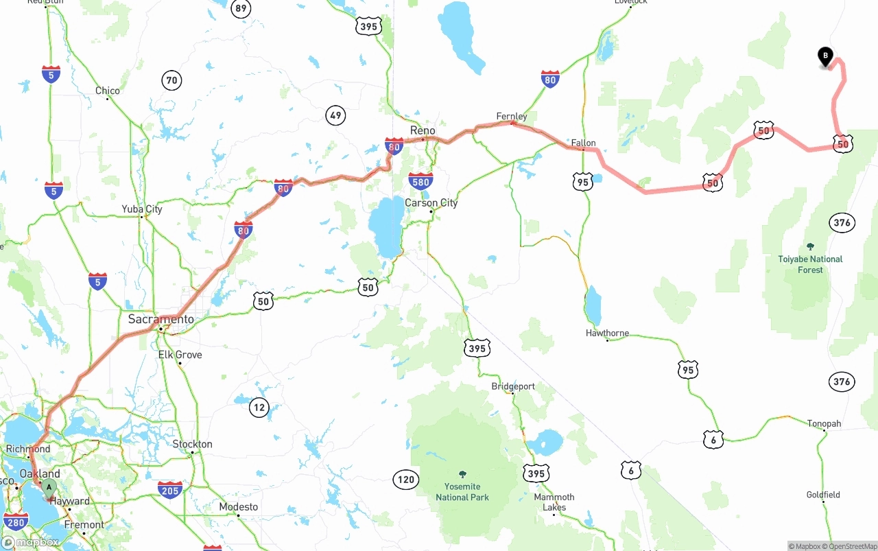 Shipping route from Oakland International Airport to Nevada