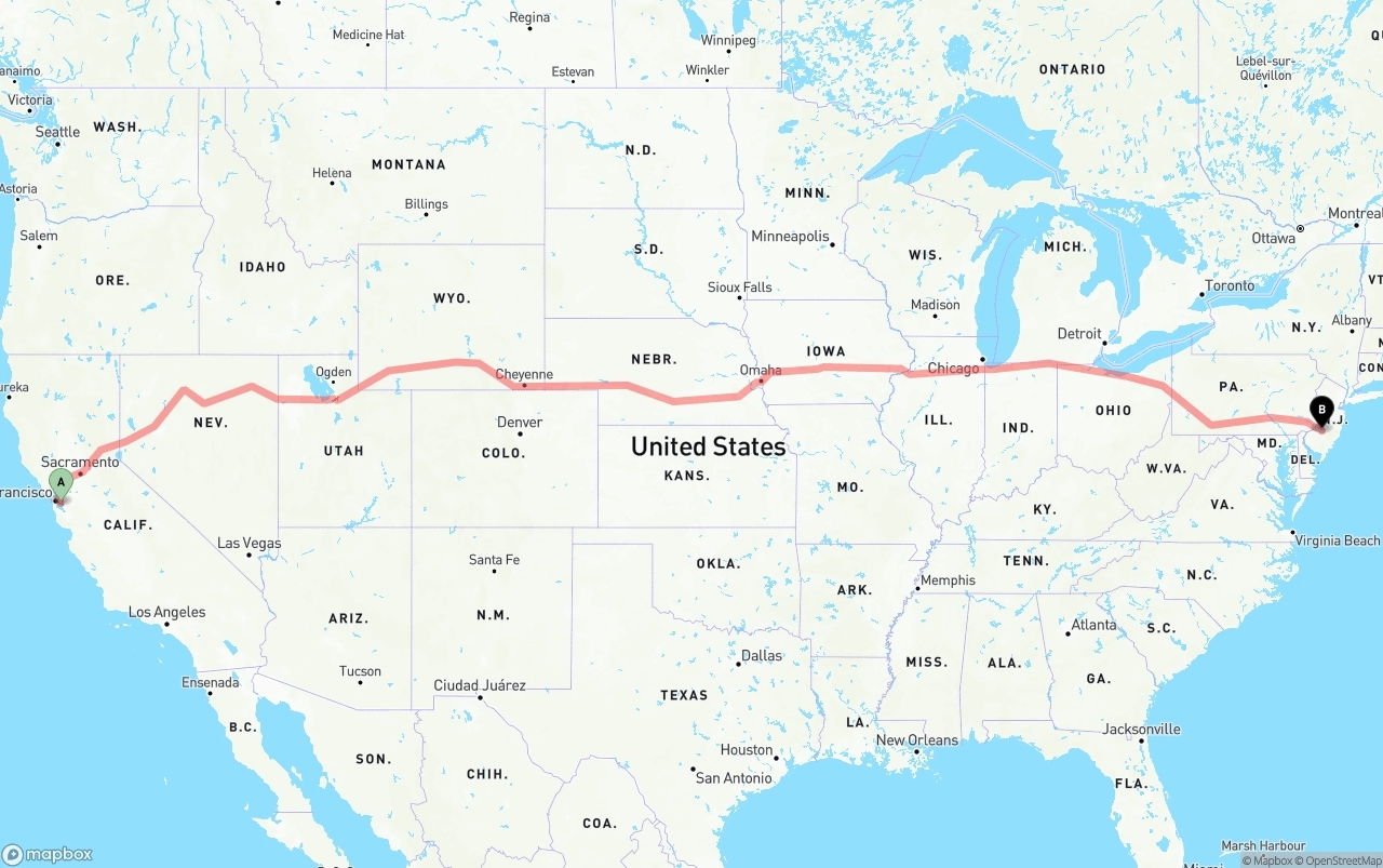 Shipping route from Oakland International Airport to New Jersey