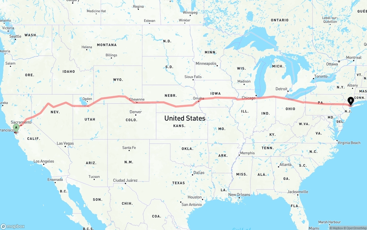 Shipping route from Oakland International Airport to New York City
