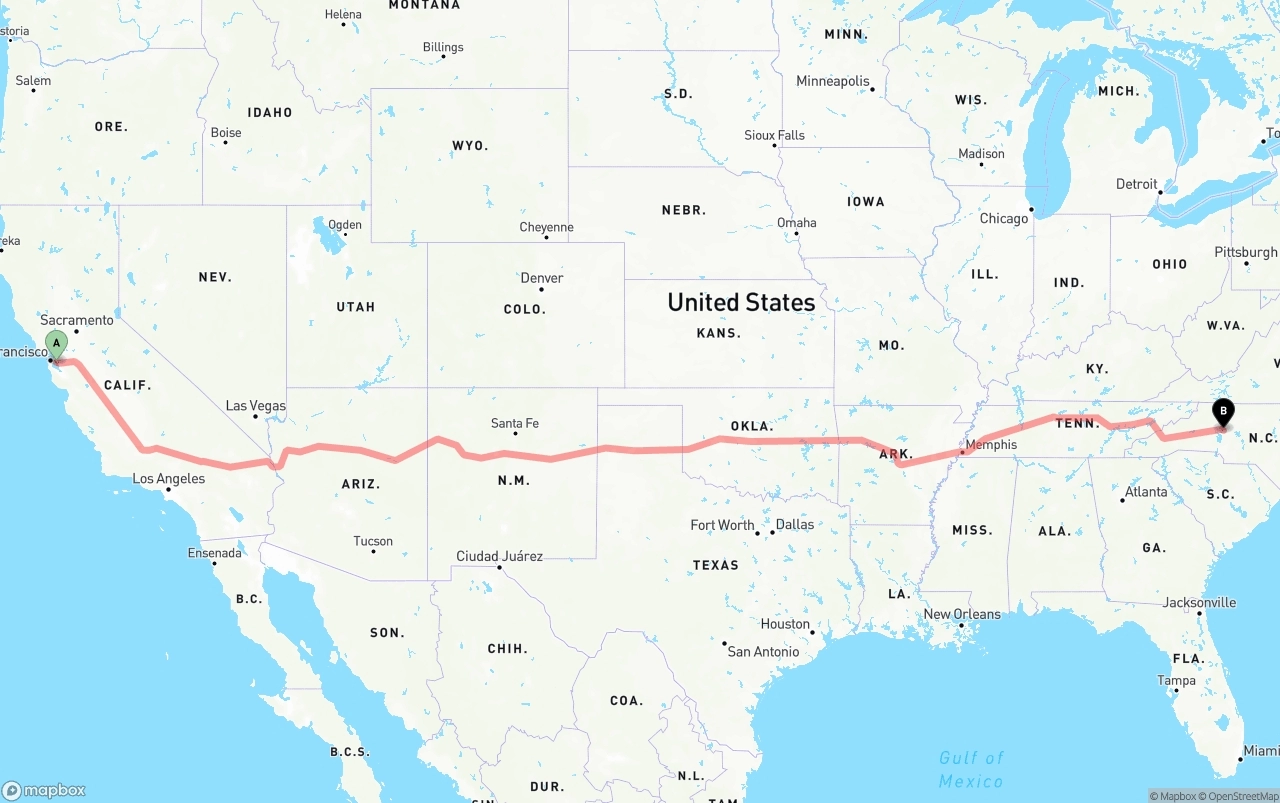 Shipping route from Oakland International Airport to North Carolina