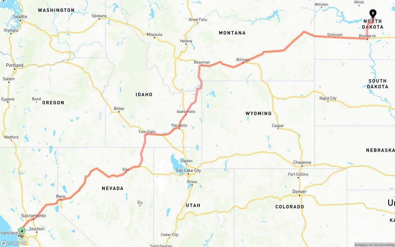 Shipping route from Oakland International Airport to North Dakota