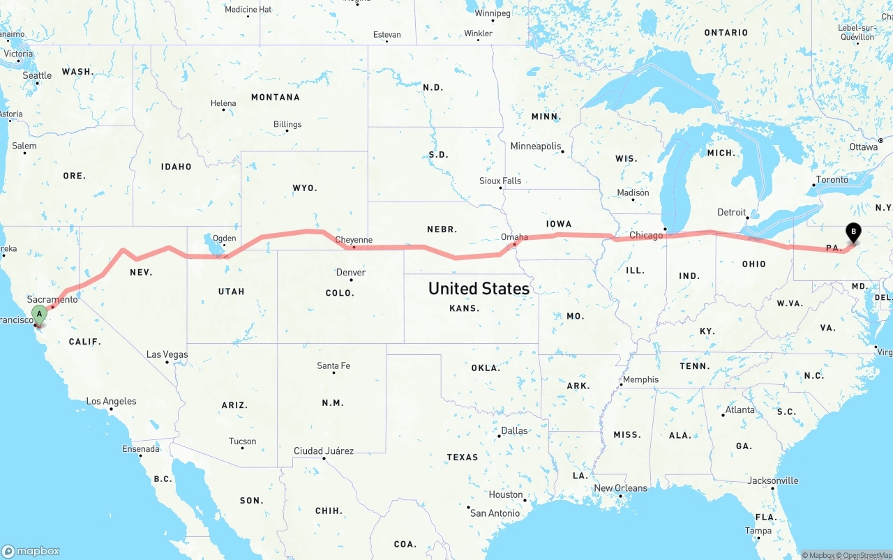 Shipping route from Oakland International Airport to Pennsylvania