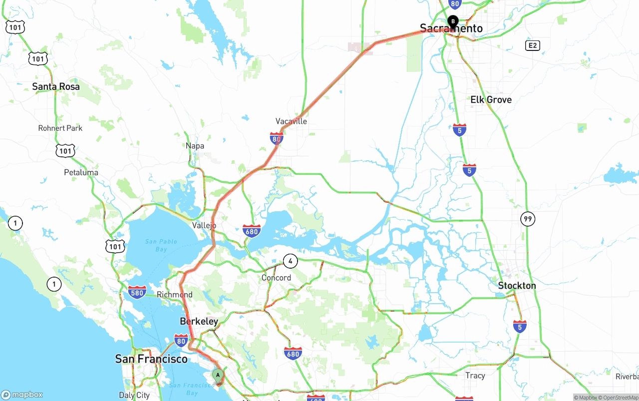 Shipping route from Oakland International Airport to Sacramento
