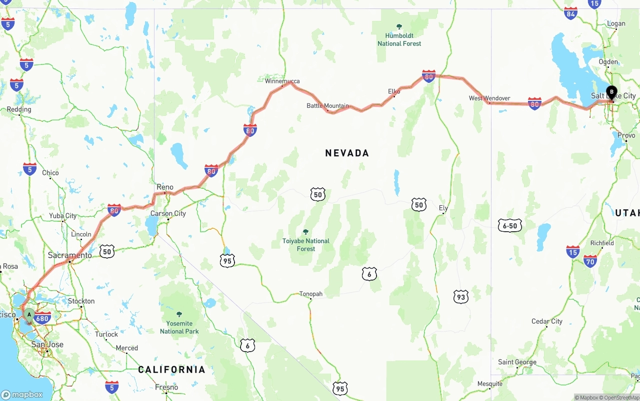 Shipping route from Oakland International Airport to Salt Lake City