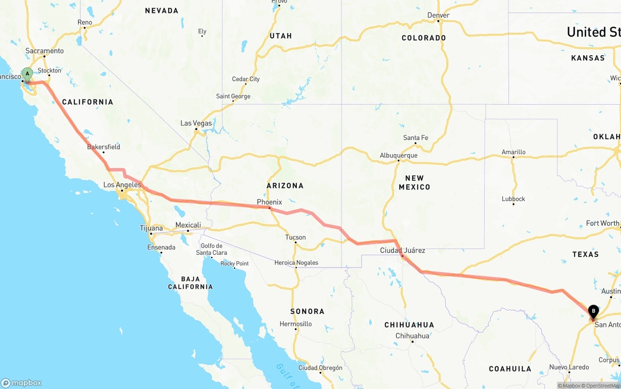 Shipping route from Oakland International Airport to San Antonio