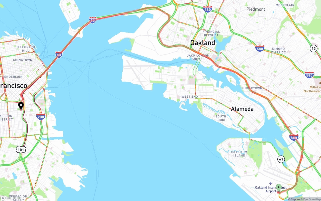 Shipping route from Oakland International Airport to San Francisco