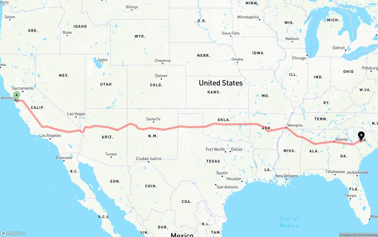 Shipping route from Oakland International Airport to South Carolina