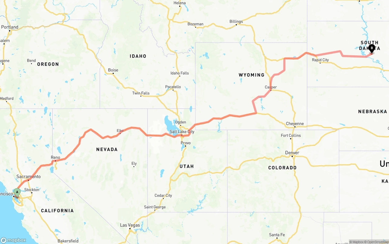 Shipping route from Oakland International Airport to South Dakota