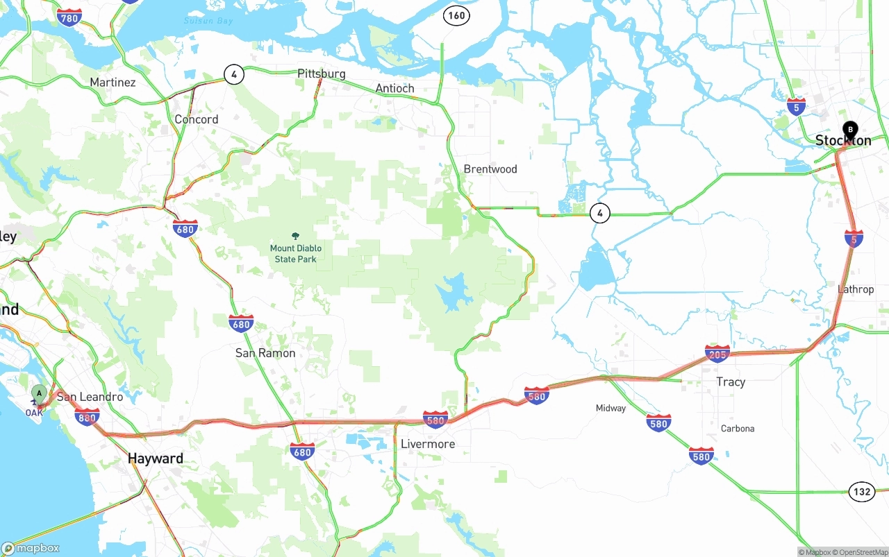 Shipping route from Oakland International Airport to Stockton