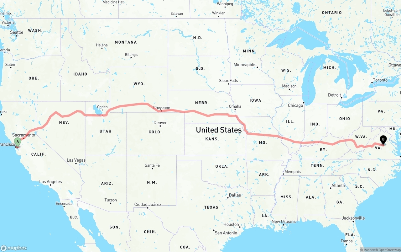 Shipping route from Oakland International Airport to Virginia