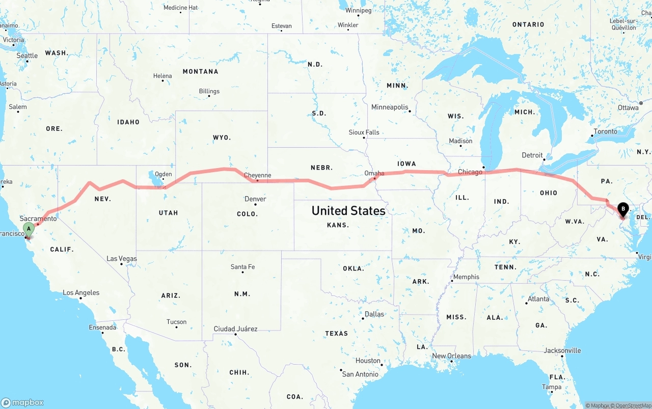 Shipping route from Oakland International Airport to Washington D.C.