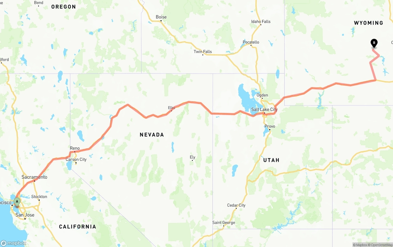 Shipping route from Oakland International Airport to Wyoming