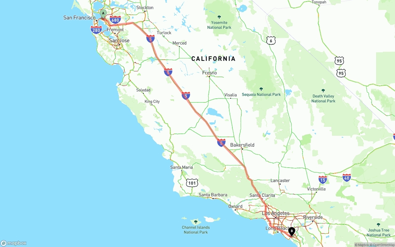 Shipping route from Oakland to John Wayne Airport — Orange County
