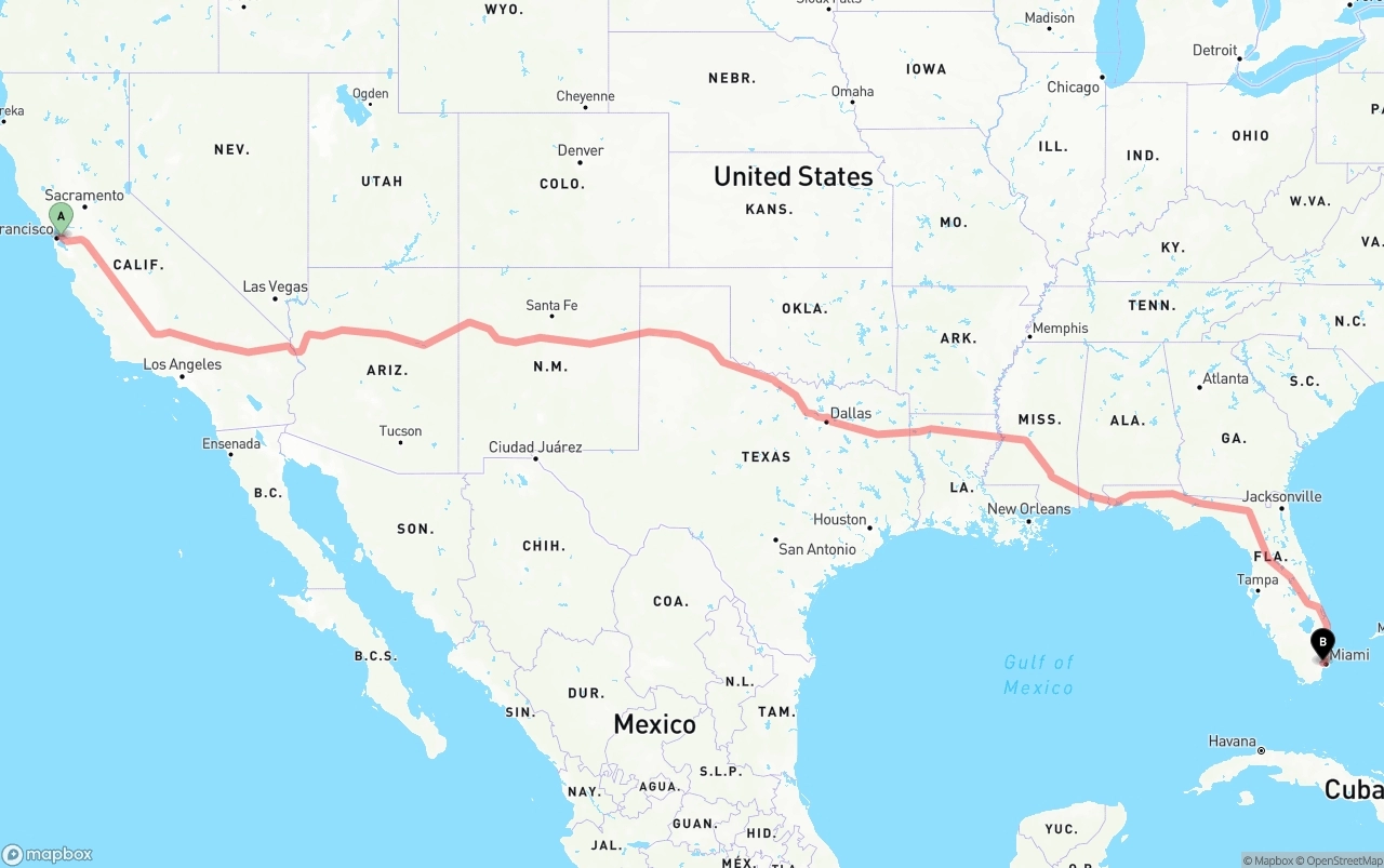 Shipping route from Oakland to Miami International Airport