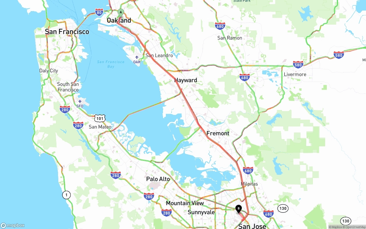Shipping route from Oakland to Norman Y. Mineta San Jose International Airport