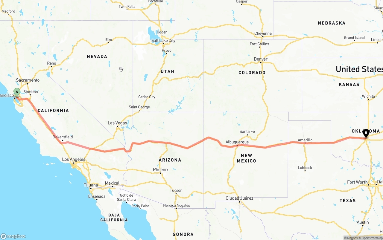 Shipping route from Oakland to Oklahoma City