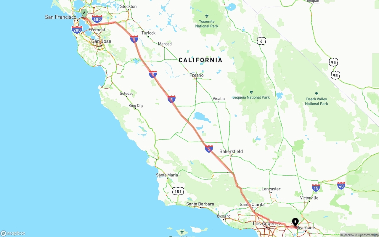 Shipping route from Oakland to Ontario International Airport
