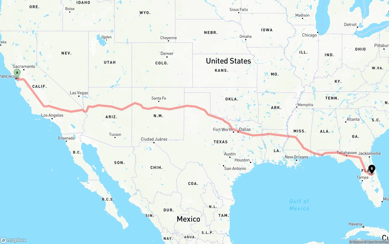 Shipping route from Oakland to Orlando