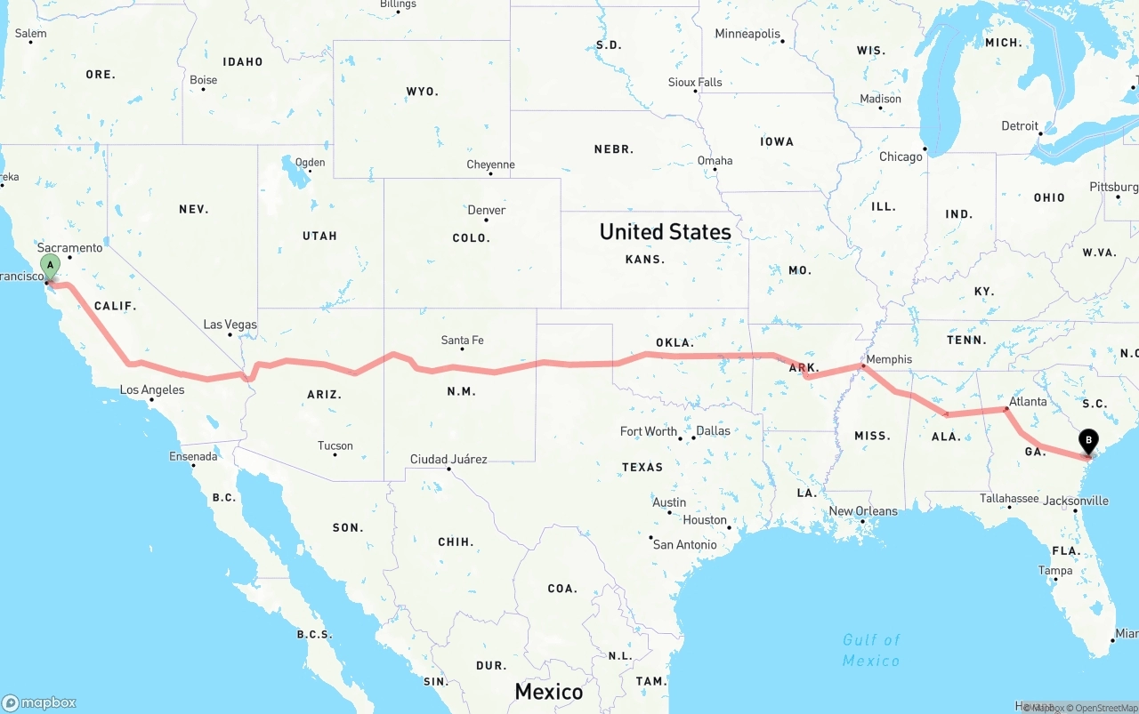 Shipping route from Oakland to Port of Savannah