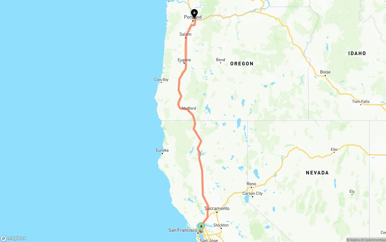 Shipping route from Oakland to Portland International Airport