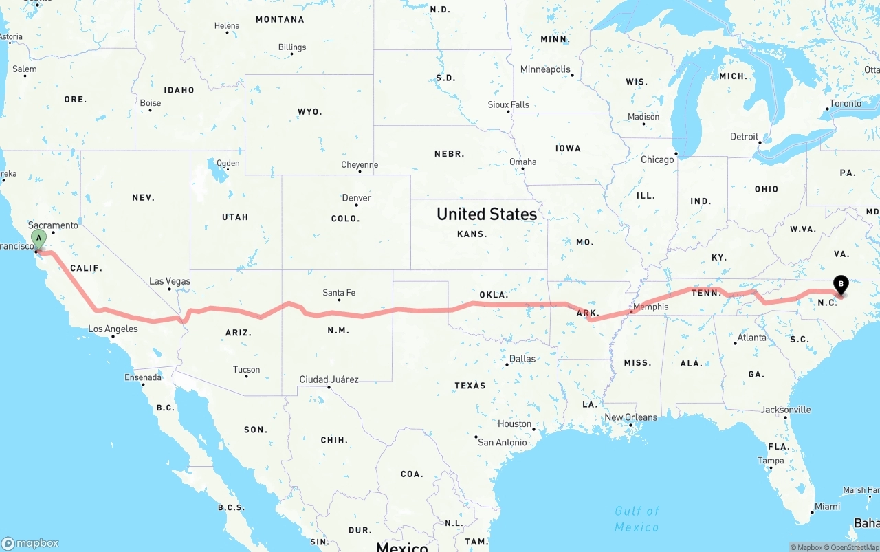 Shipping route from Oakland to Raleigh