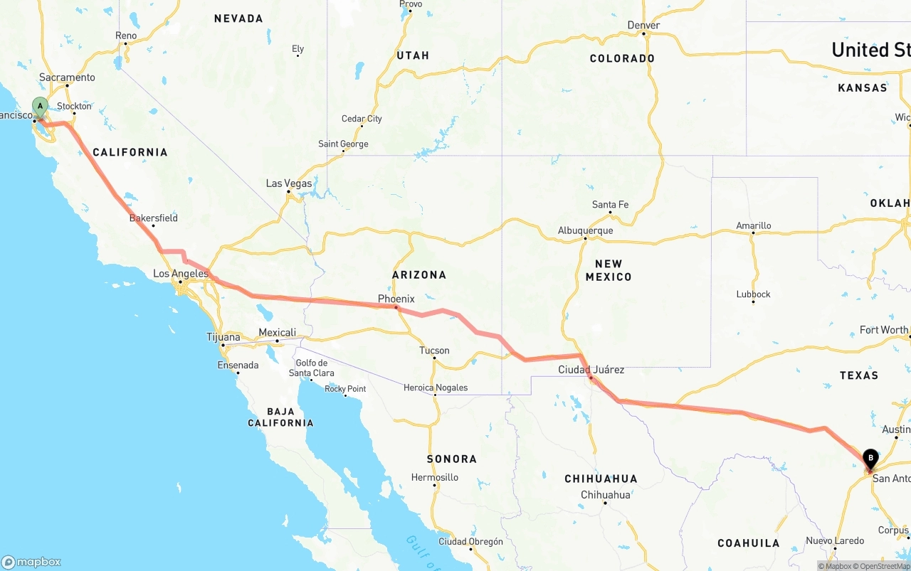 Shipping route from Oakland to San Antonio
