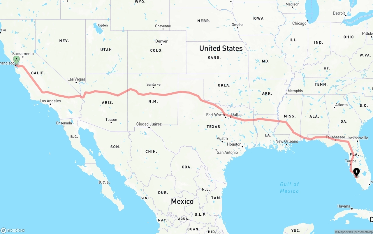 Shipping route from Oakland to Southwest Florida International Airport
