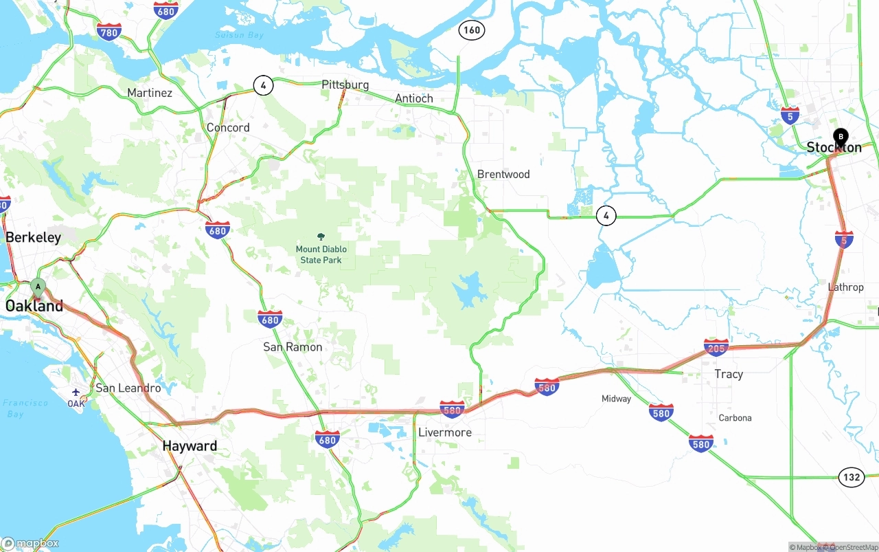 Shipping route from Oakland to Stockton