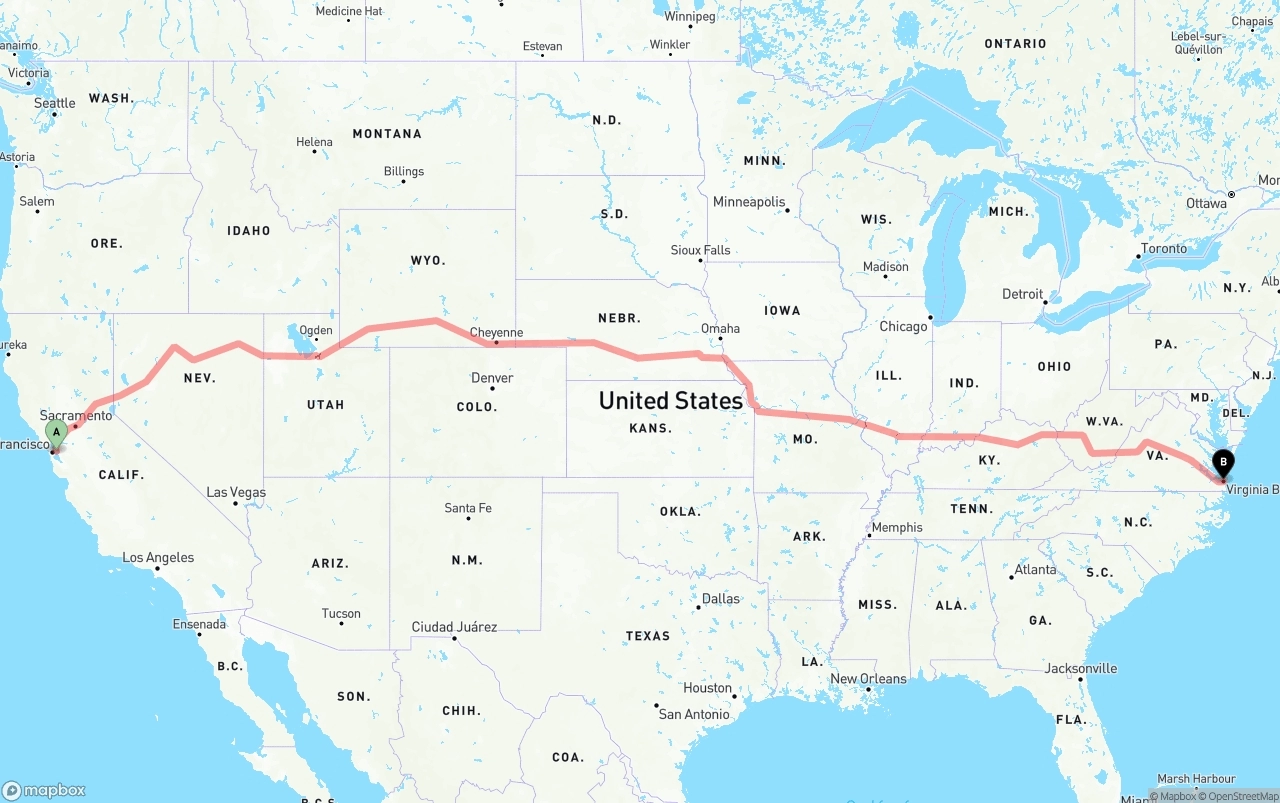 Shipping route from Oakland to Virginia Beach