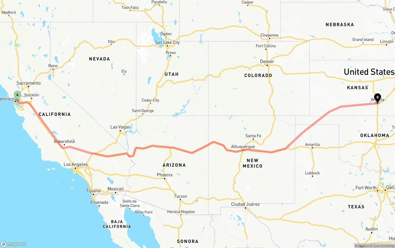 Shipping route from Oakland to Wichita