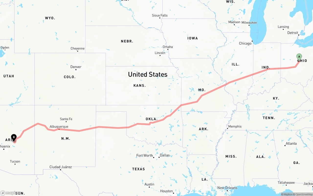 Shipping route from Ohio to Arizona