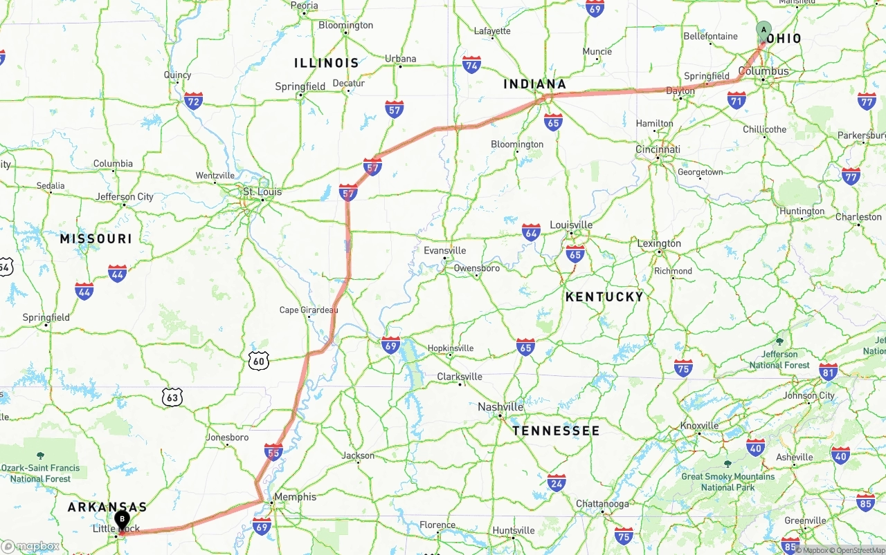 Shipping route from Ohio to Arkansas
