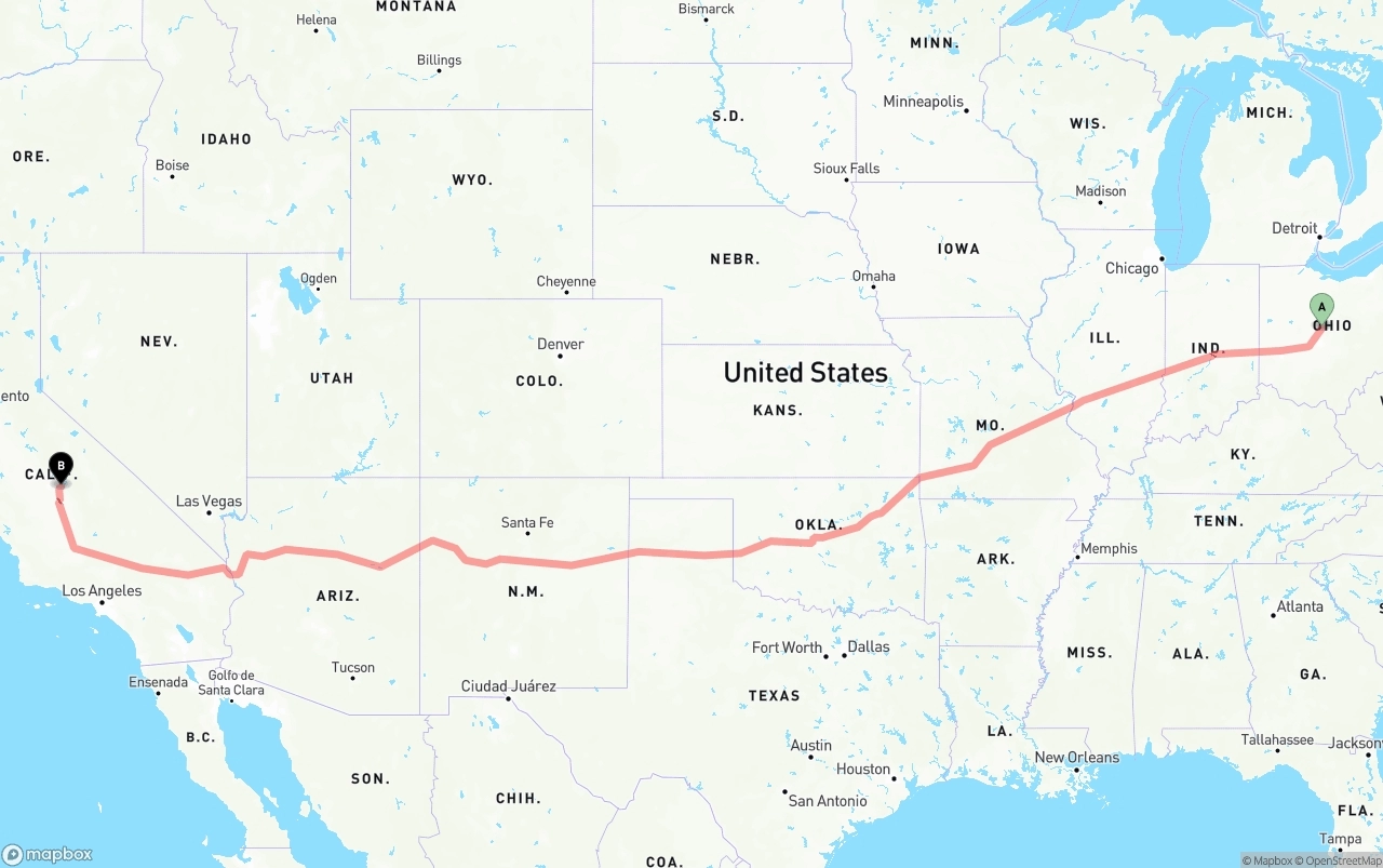 Shipping route from Ohio to California