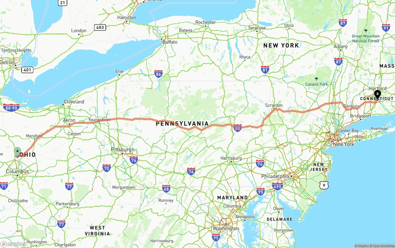 Shipping route from Ohio to Connecticut