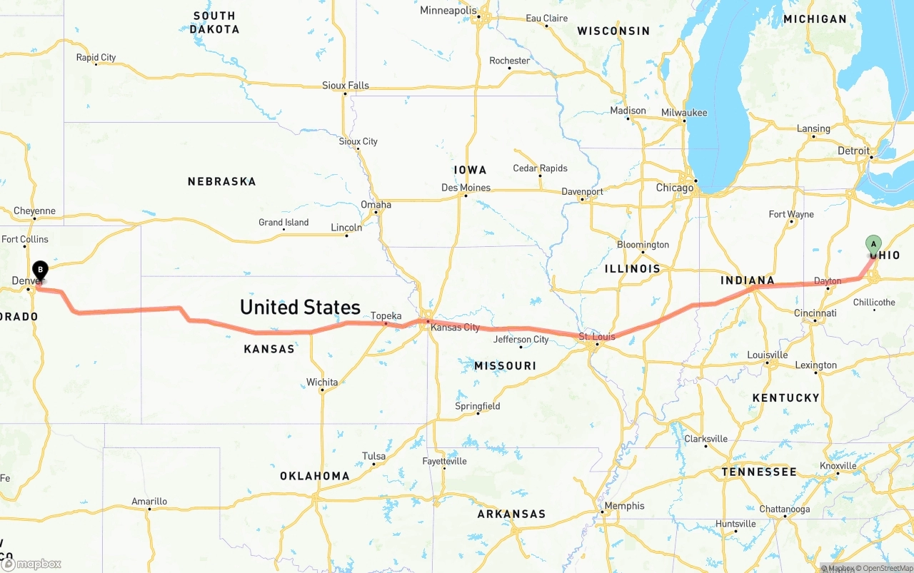 Shipping route from Ohio to Denver International Airport