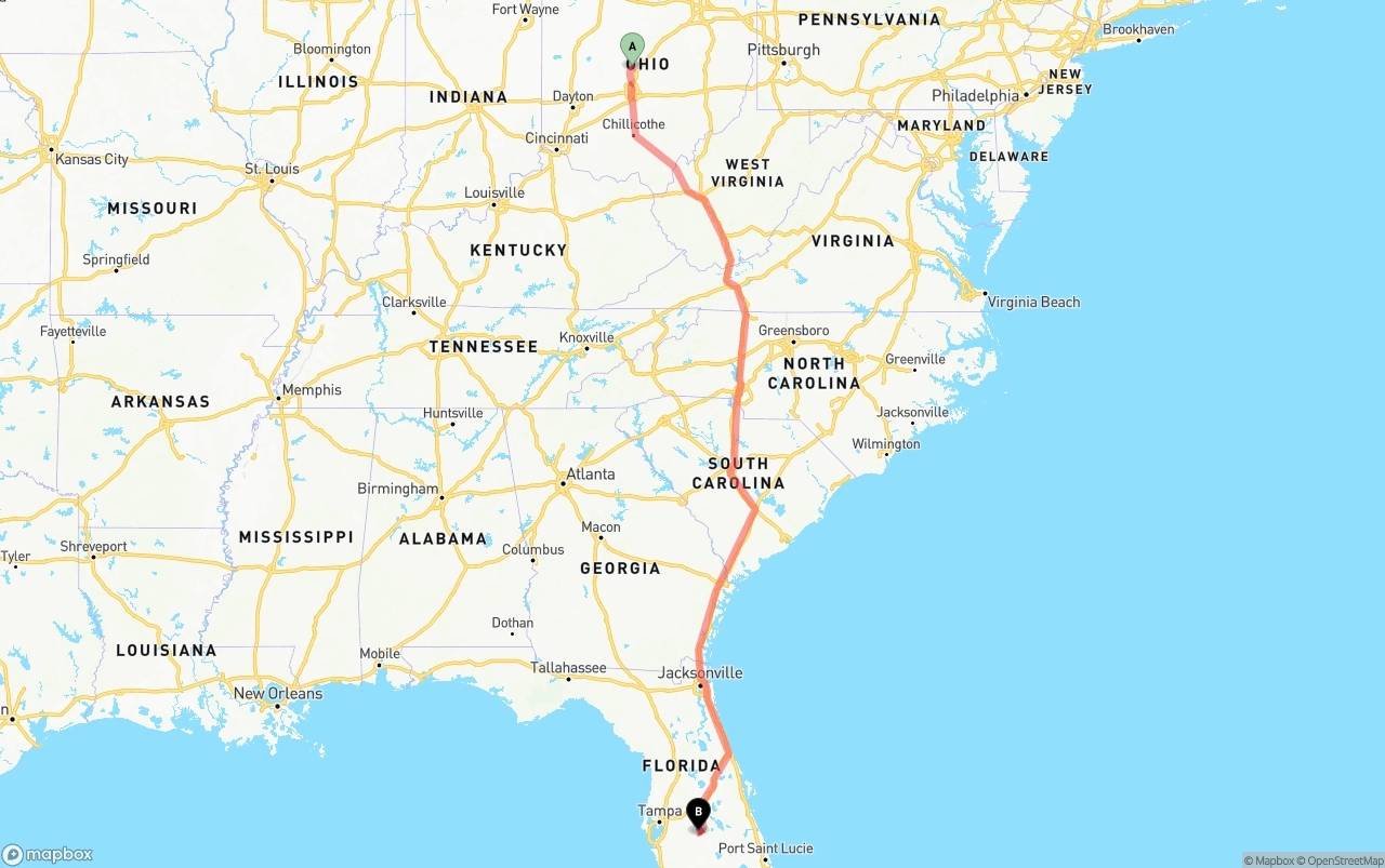 Shipping route from Ohio to Florida