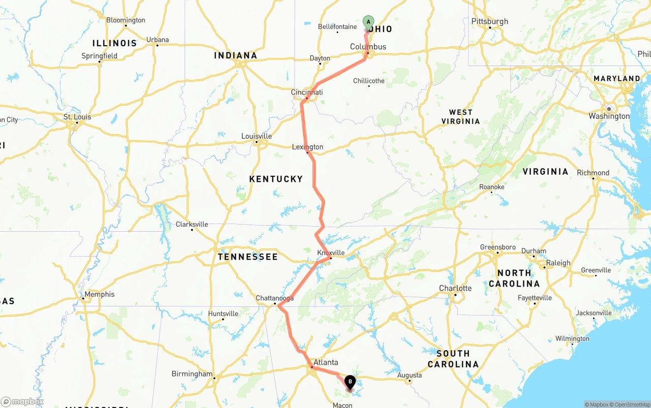 Shipping route from Ohio to Georgia