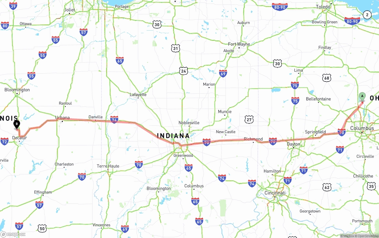 Shipping route from Ohio to Illinois