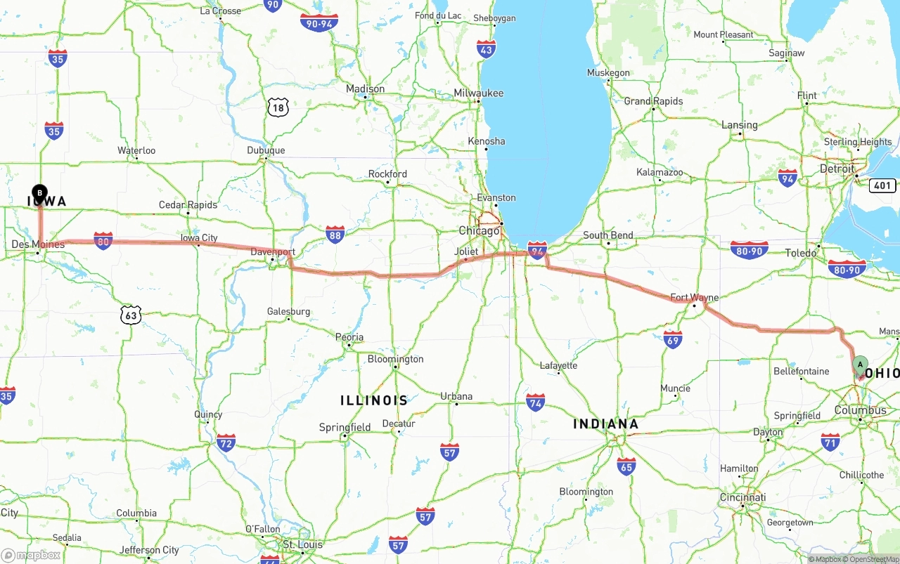 Shipping route from Ohio to Iowa