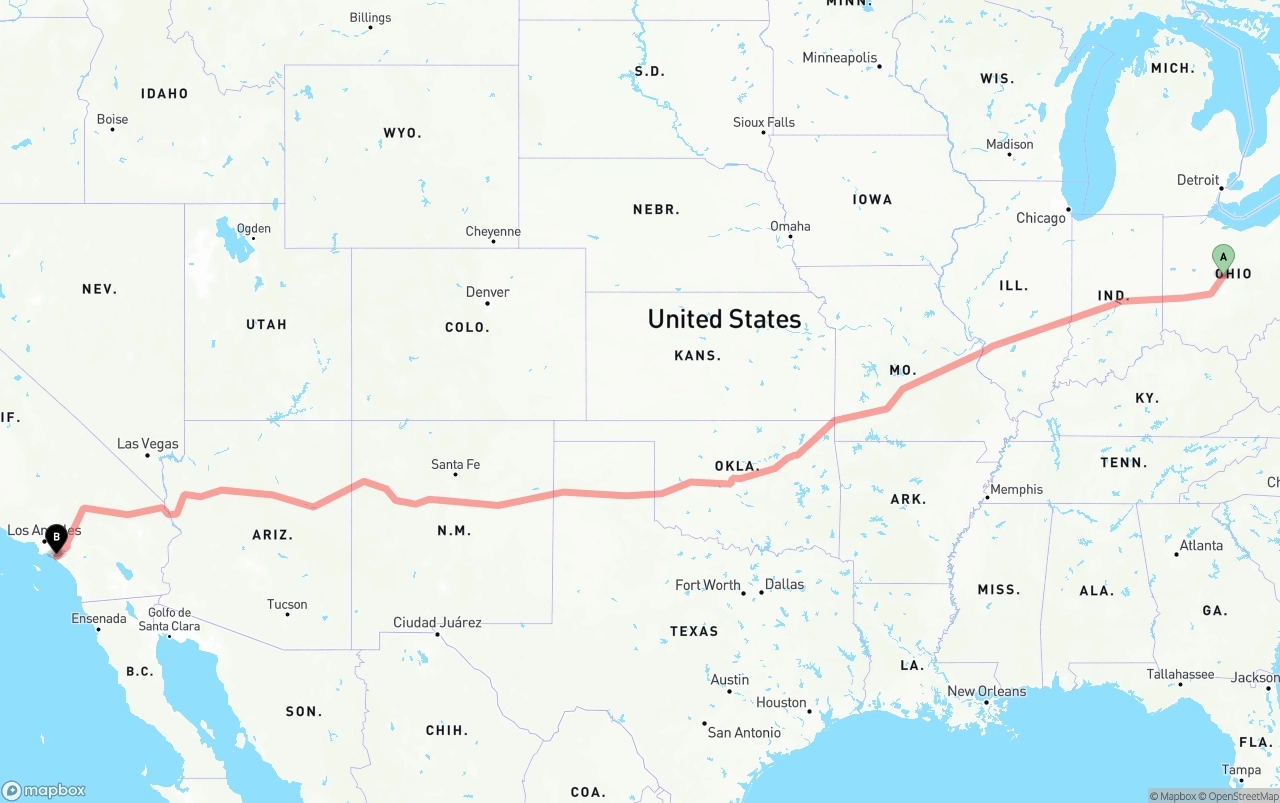 Shipping route from Ohio to John Wayne Airport — Orange County