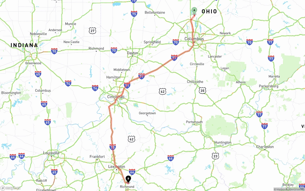 Shipping route from Ohio to Kentucky