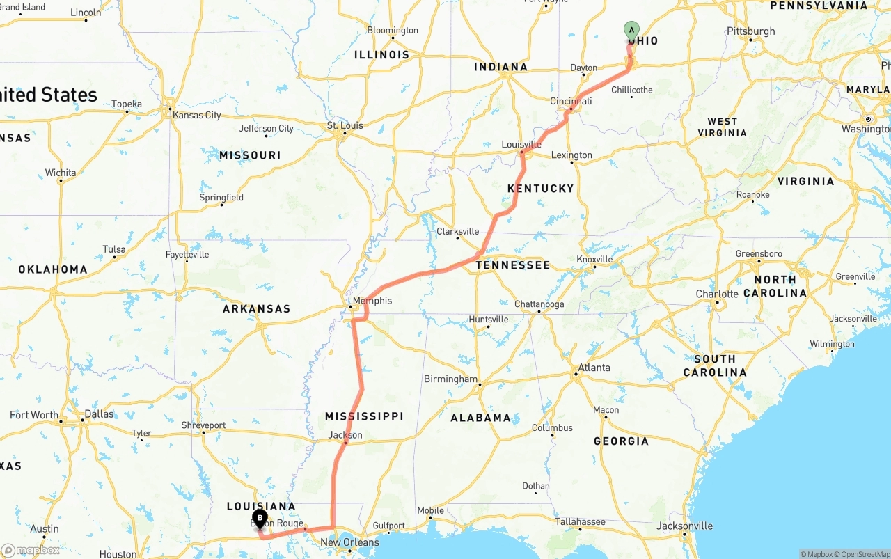 Shipping route from Ohio to Louisiana