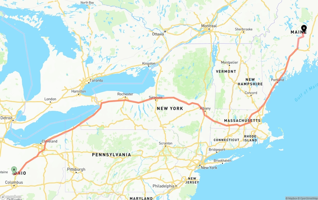 Shipping route from Ohio to Maine