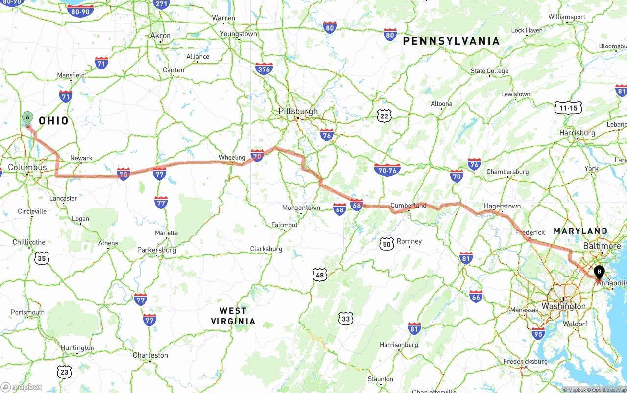 Shipping route from Ohio to Maryland