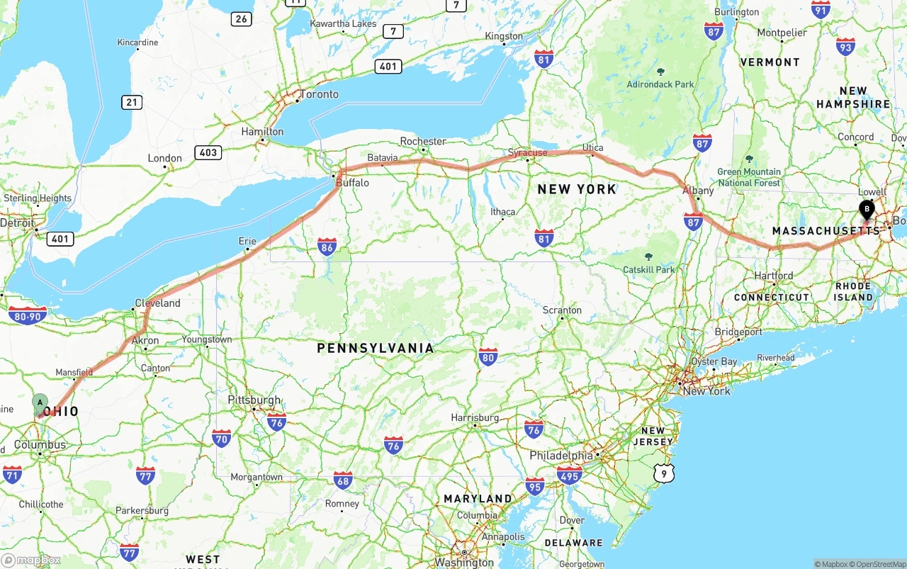 Shipping route from Ohio to Massachusetts