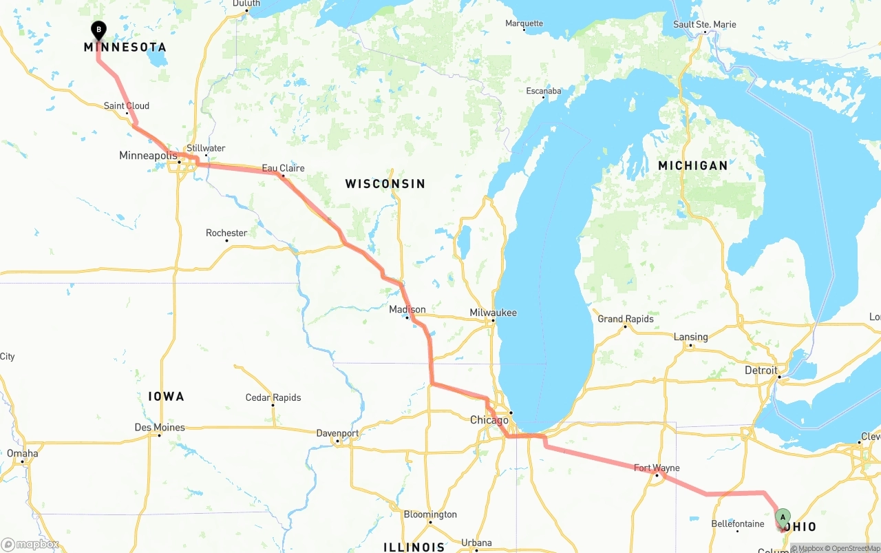 Shipping route from Ohio to Minnesota