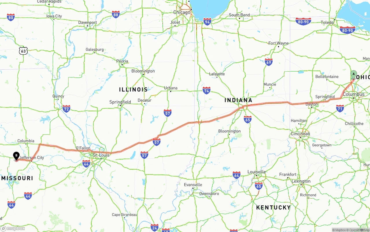 Shipping route from Ohio to Missouri
