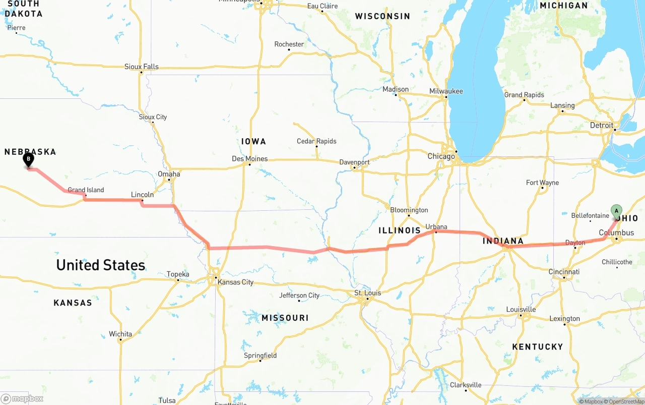 Shipping route from Ohio to Nebraska